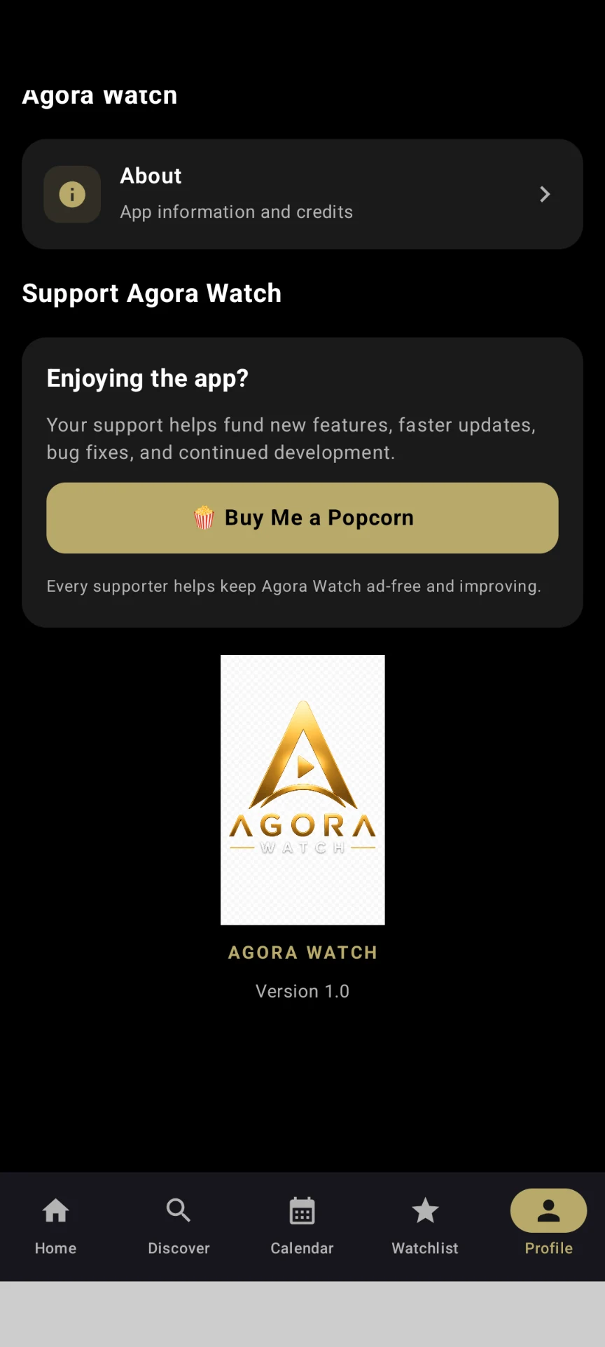 Agora Watch profile screen