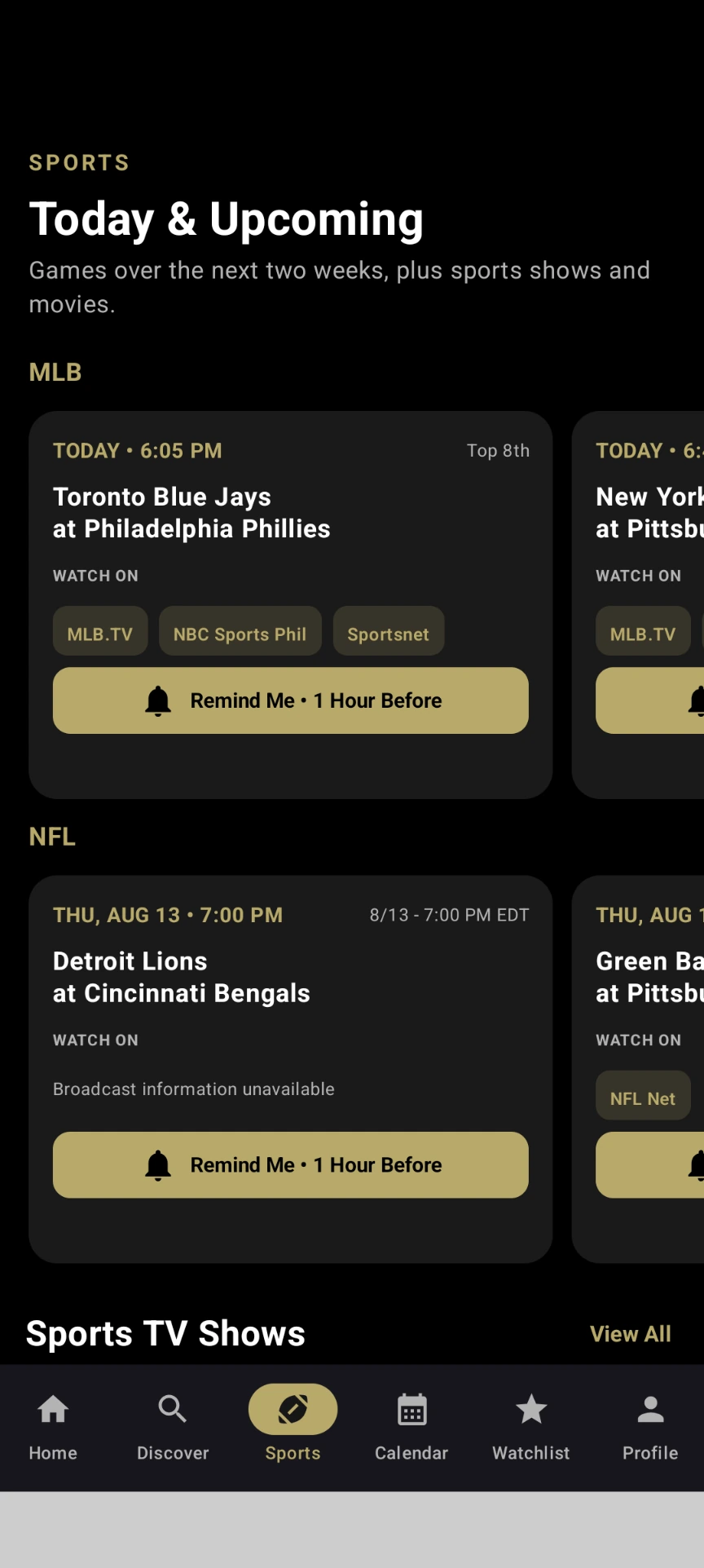 Agora Watch sports schedule screen